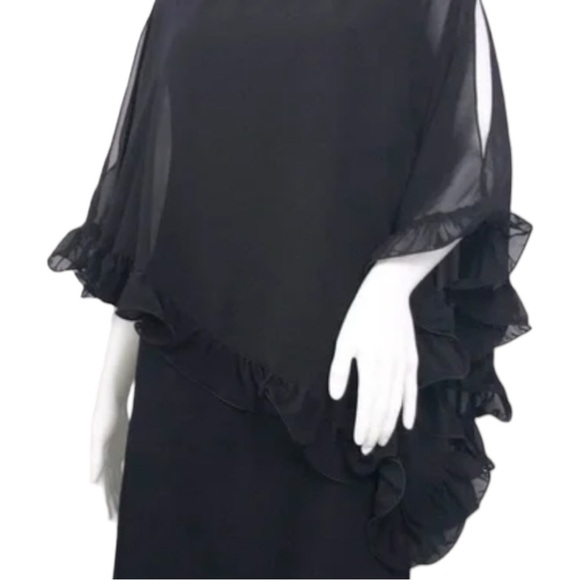 XSCAPE Black Ruffle edge sheer cape mini dress . - Picture 9 of 13